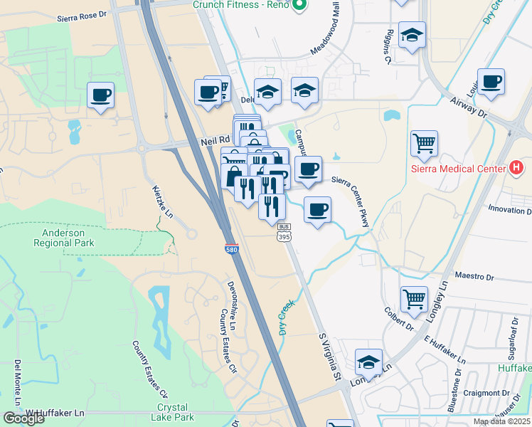 map of restaurants, bars, coffee shops, grocery stores, and more near 6745 Carson-Reno Highway in Reno