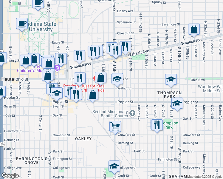 map of restaurants, bars, coffee shops, grocery stores, and more near 214 South 13th Street in Terre Haute