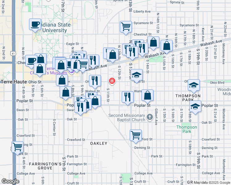 map of restaurants, bars, coffee shops, grocery stores, and more near 114 South 11th Street in Terre Haute
