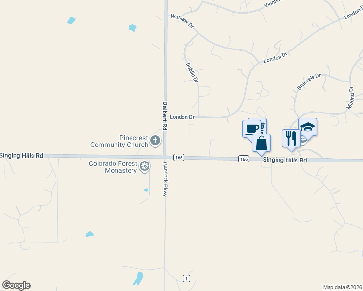 map of restaurants, bars, coffee shops, grocery stores, and more near 41101 Crooked Tree Ranch Circle in Parker