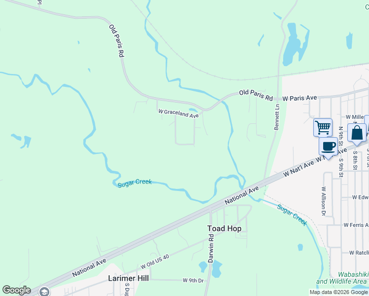 map of restaurants, bars, coffee shops, grocery stores, and more near 41-83 South Hanley Place in West Terre Haute