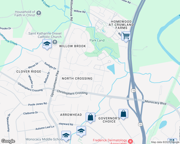 map of restaurants, bars, coffee shops, grocery stores, and more near 153 Fieldstone Court in Frederick