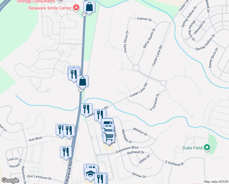 map of restaurants, bars, coffee shops, grocery stores, and more near 38 Crenshaw Court in Middletown