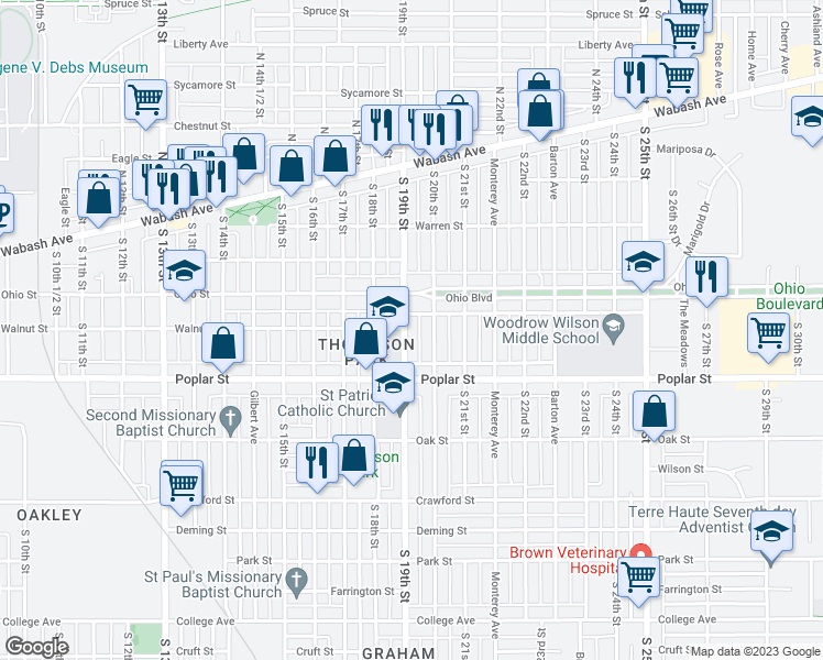map of restaurants, bars, coffee shops, grocery stores, and more near 332 South 19th Street in Terre Haute