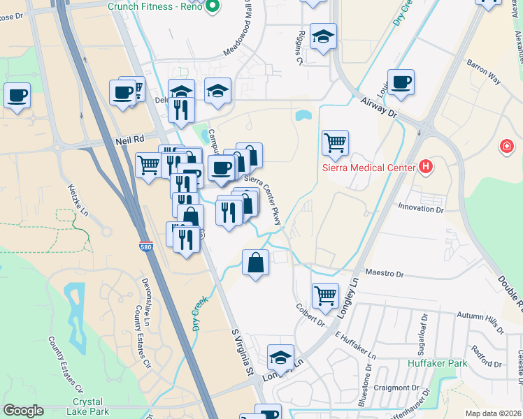map of restaurants, bars, coffee shops, grocery stores, and more near in Reno