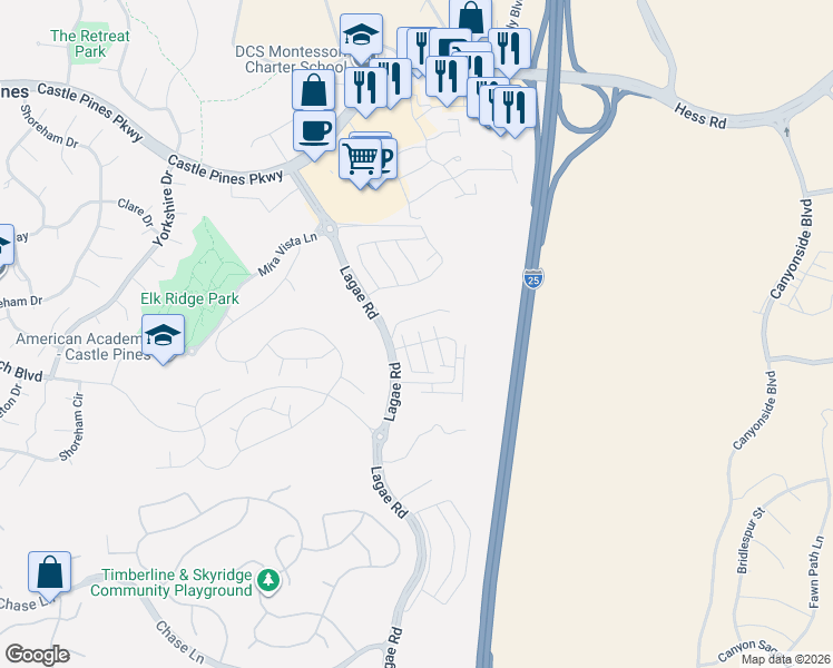 map of restaurants, bars, coffee shops, grocery stores, and more near 7035 Cumbria Court in Castle Pines