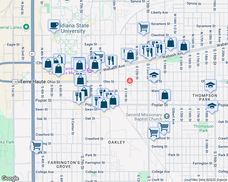 map of restaurants, bars, coffee shops, grocery stores, and more near Walnut Street in Terre Haute