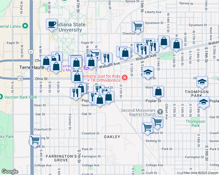 map of restaurants, bars, coffee shops, grocery stores, and more near Walnut Street in Terre Haute