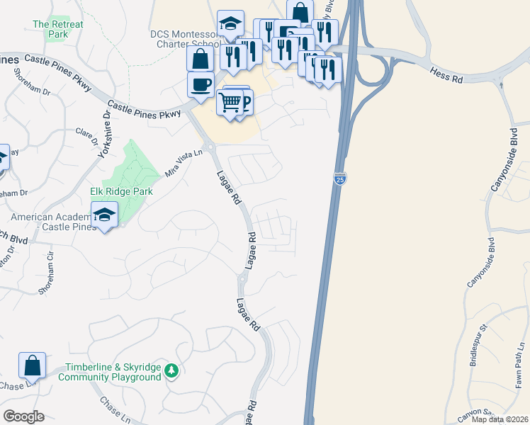 map of restaurants, bars, coffee shops, grocery stores, and more near 7035 Cumbria Court in Castle Pines