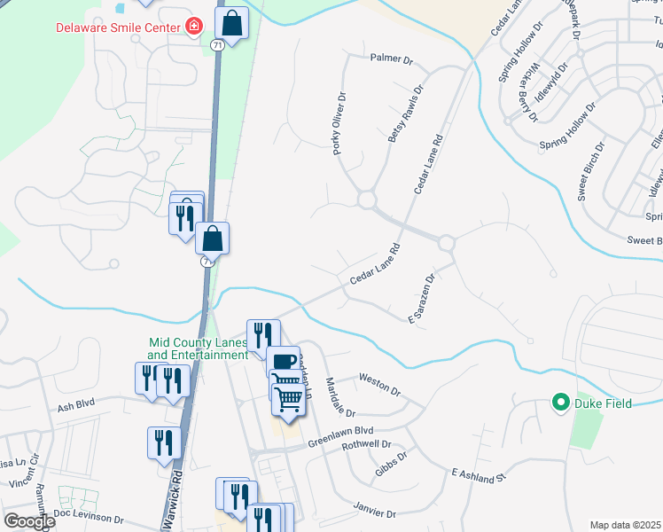map of restaurants, bars, coffee shops, grocery stores, and more near 11 Crenshaw Court in Middletown