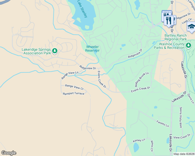 map of restaurants, bars, coffee shops, grocery stores, and more near 6416 Evans Creek Drive in Reno
