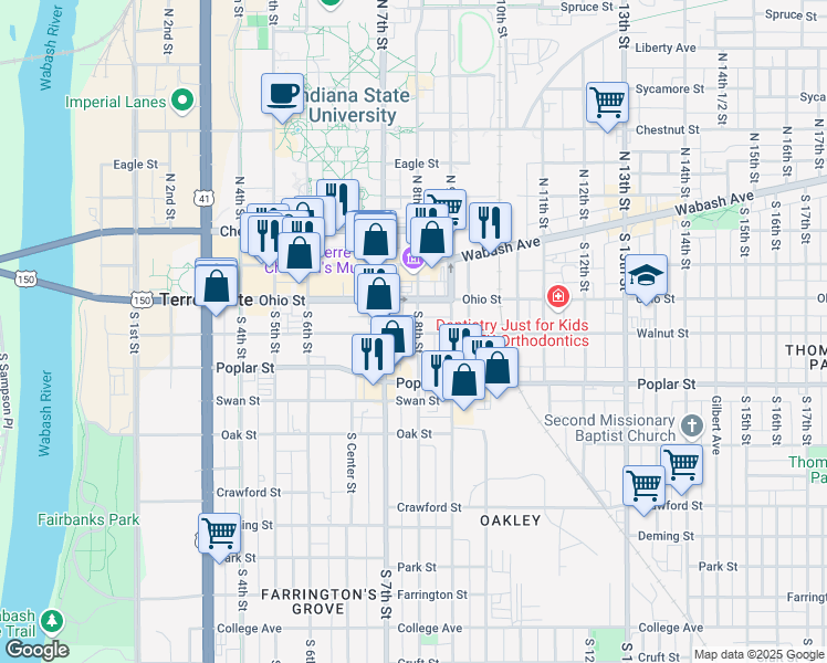 map of restaurants, bars, coffee shops, grocery stores, and more near 711 Ohio Street in Terre Haute
