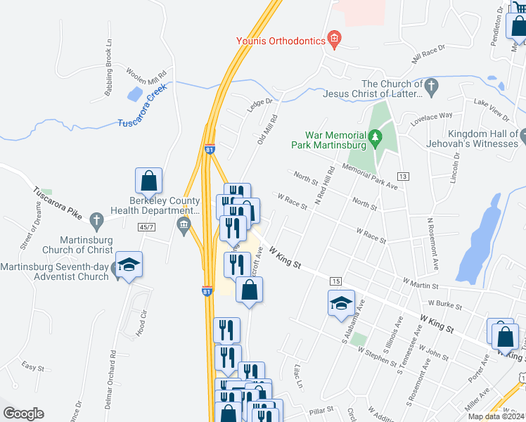map of restaurants, bars, coffee shops, grocery stores, and more near 103 Titan Place in Martinsburg