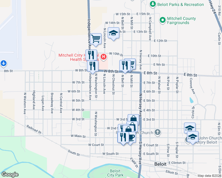 map of restaurants, bars, coffee shops, grocery stores, and more near 301-399 West 7th Street in Beloit