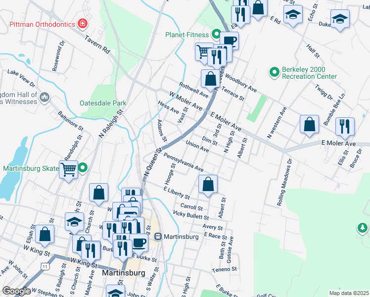map of restaurants, bars, coffee shops, grocery stores, and more near 628 2nd Street in Martinsburg