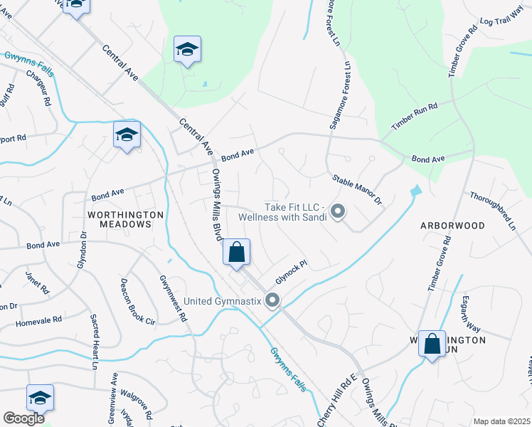 map of restaurants, bars, coffee shops, grocery stores, and more near 625 Glynita Circle in Reisterstown