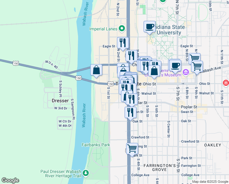 map of restaurants, bars, coffee shops, grocery stores, and more near 101-199 Harding Ave in Terre Haute