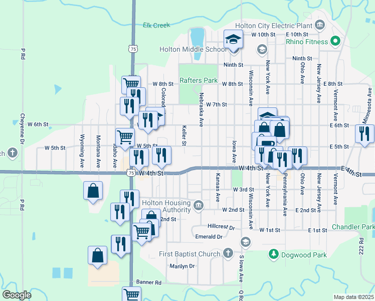 map of restaurants, bars, coffee shops, grocery stores, and more near 501-599 Keller St in Holton