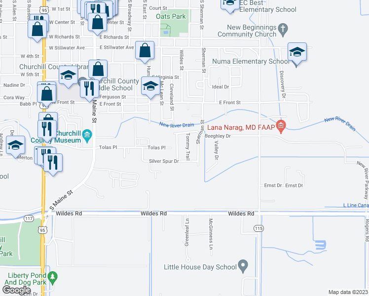 map of restaurants, bars, coffee shops, grocery stores, and more near 1318 Tommy Trail in Fallon