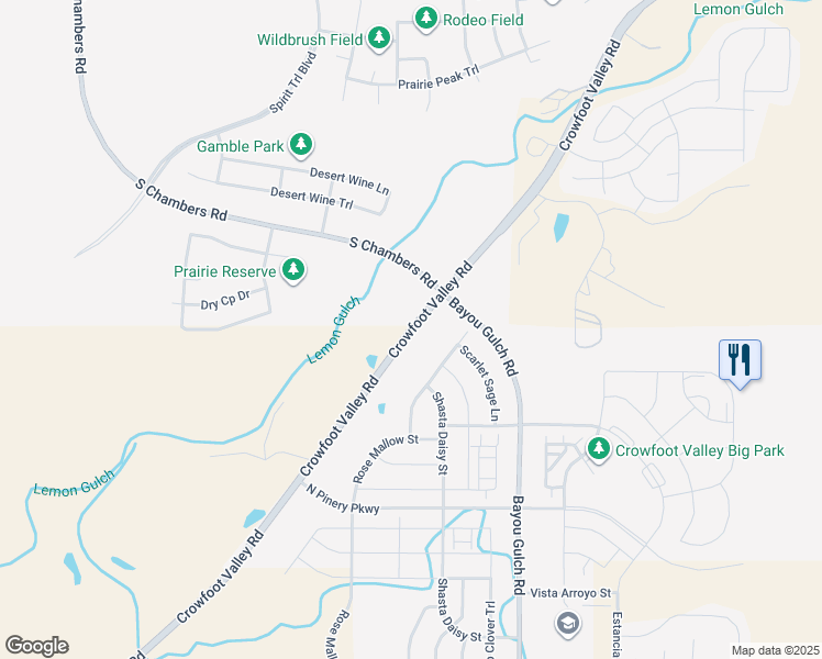 map of restaurants, bars, coffee shops, grocery stores, and more near 6749 Crowfoot Valley Road in Parker