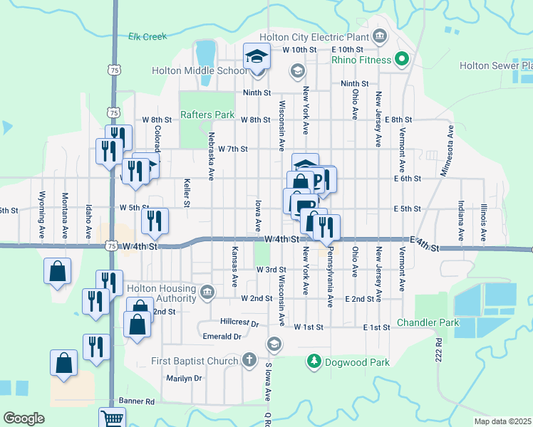 map of restaurants, bars, coffee shops, grocery stores, and more near 315 West 5th Street in Holton