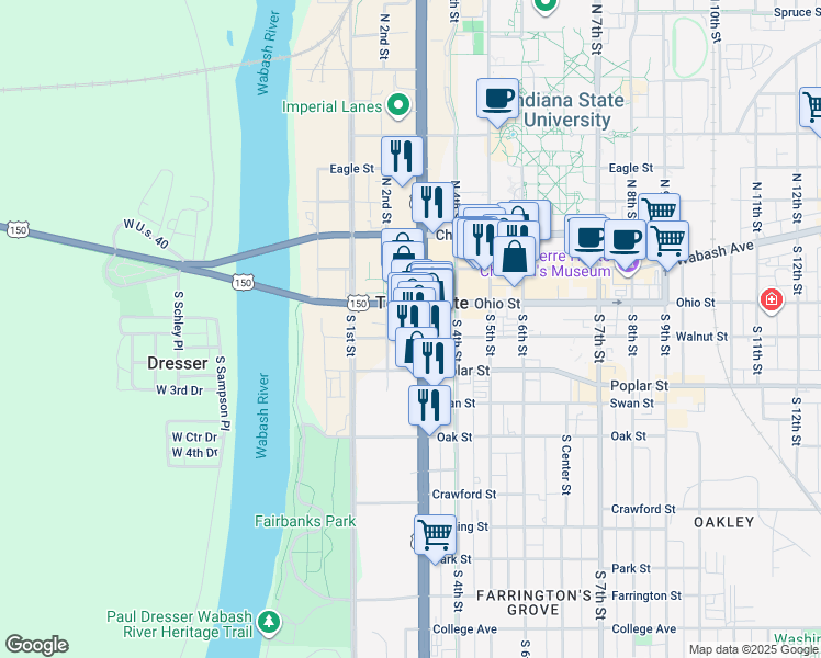 map of restaurants, bars, coffee shops, grocery stores, and more near 129 South 3rd Street in Terre Haute