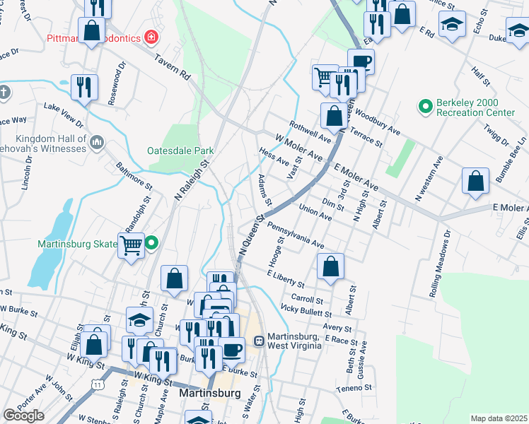map of restaurants, bars, coffee shops, grocery stores, and more near 610 North Queen Street in Martinsburg
