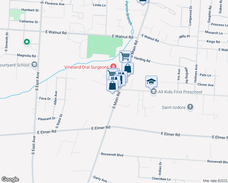 map of restaurants, bars, coffee shops, grocery stores, and more near 1406 South Main Road in Vineland