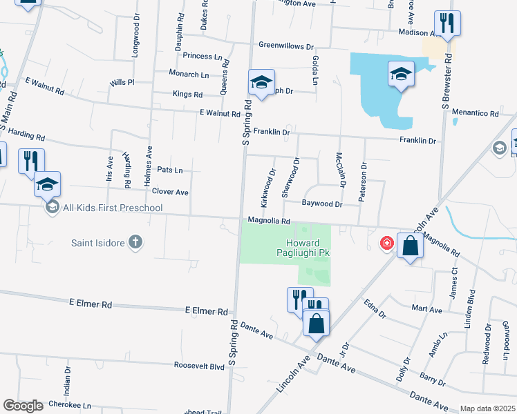 map of restaurants, bars, coffee shops, grocery stores, and more near 1345 South Spring Road in Vineland