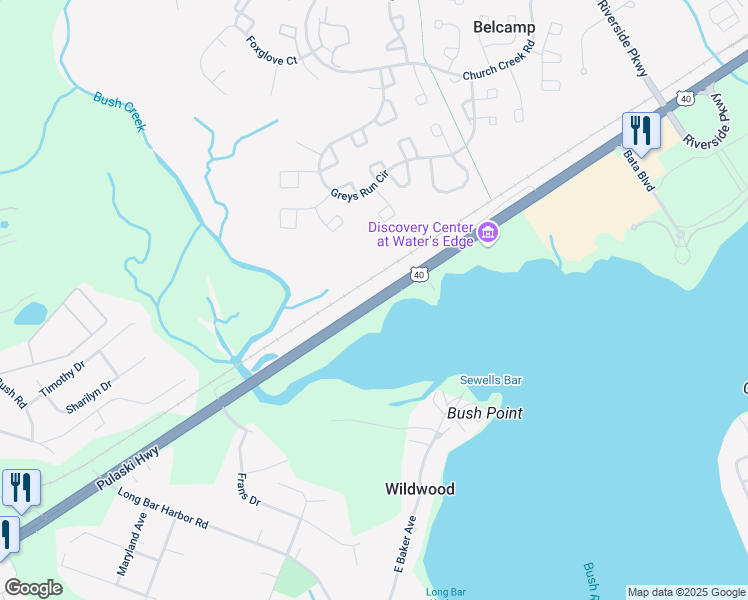map of restaurants, bars, coffee shops, grocery stores, and more near 4400 Pulaski Highway in Belcamp