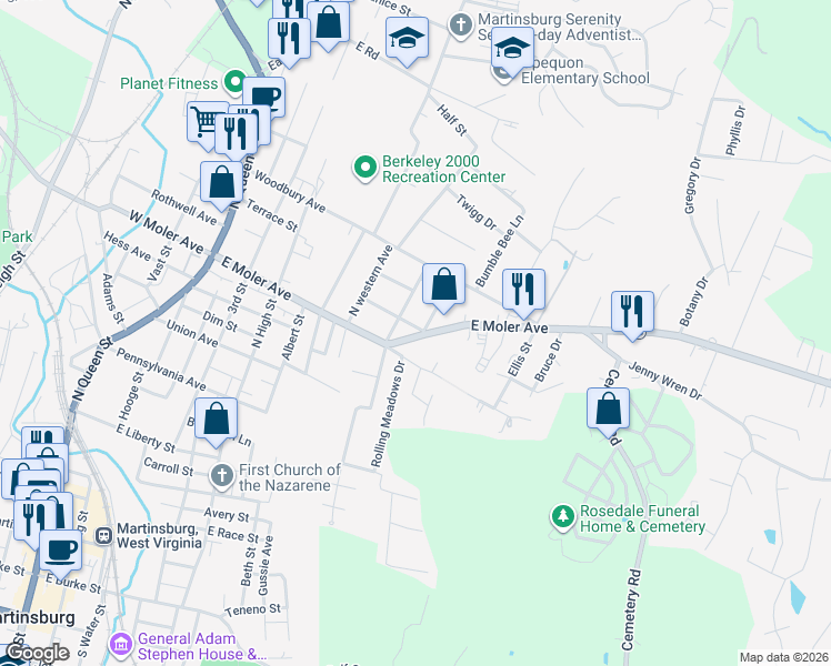 map of restaurants, bars, coffee shops, grocery stores, and more near 715 East Moler Avenue in Martinsburg