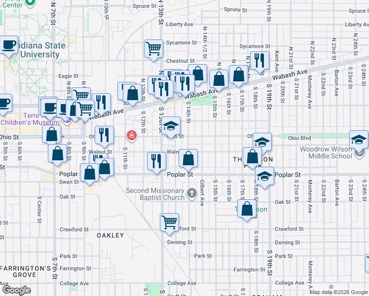 map of restaurants, bars, coffee shops, grocery stores, and more near 214 South 13th 1/2 Street in Terre Haute