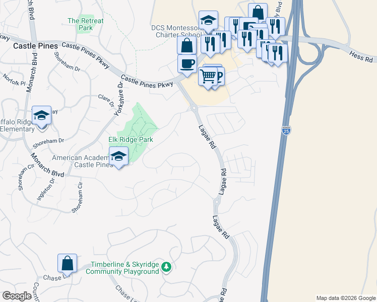 map of restaurants, bars, coffee shops, grocery stores, and more near 6970 Hyland Hills Street in Castle Rock