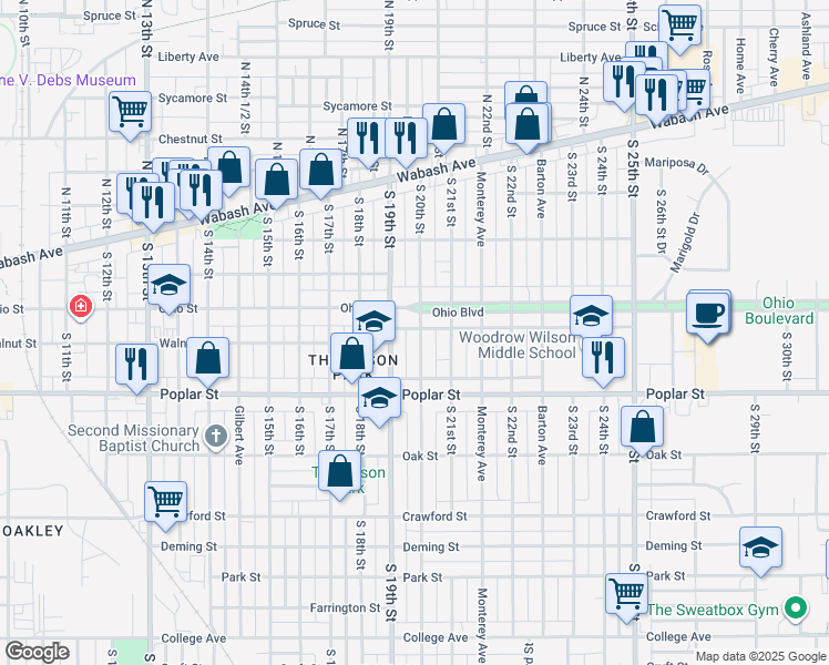 map of restaurants, bars, coffee shops, grocery stores, and more near 2001 Ohio Boulevard in Terre Haute