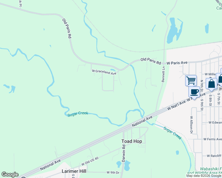 map of restaurants, bars, coffee shops, grocery stores, and more near 41 South Hanley Place in West Terre Haute