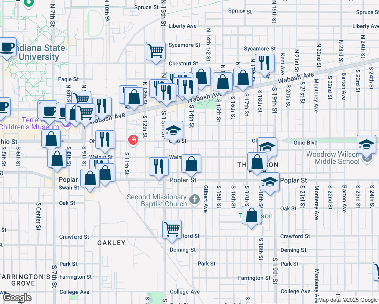 map of restaurants, bars, coffee shops, grocery stores, and more near 214 South 13th 1/2 Street in Terre Haute