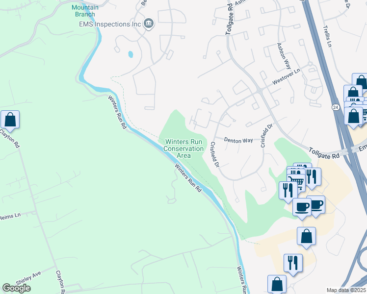 map of restaurants, bars, coffee shops, grocery stores, and more near Winters Run Trail in Abingdon