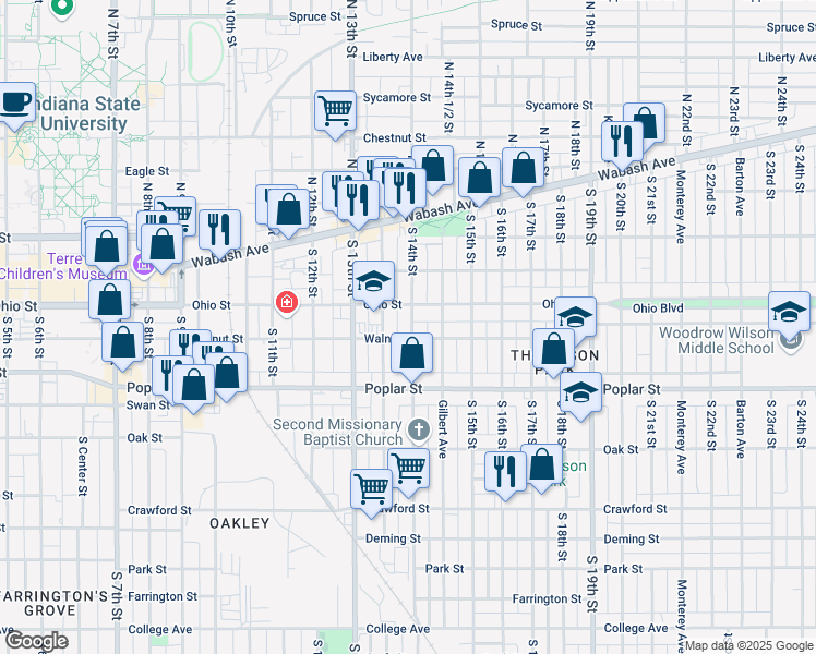 map of restaurants, bars, coffee shops, grocery stores, and more near 214 South 13th 1/2 Street in Terre Haute