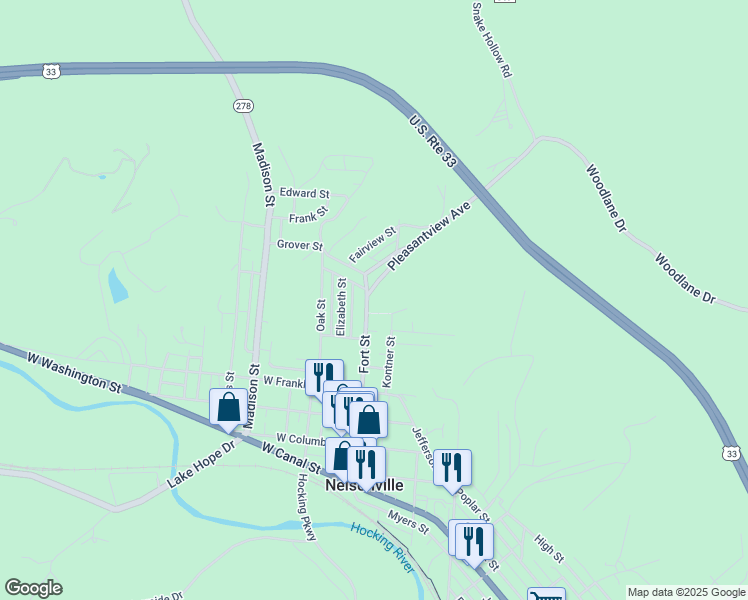 map of restaurants, bars, coffee shops, grocery stores, and more near 338 Fort Street in Nelsonville