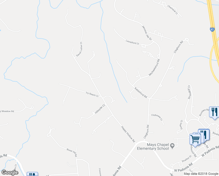 map of restaurants, bars, coffee shops, grocery stores, and more near 6 Padonia Woods Court in Cockeysville