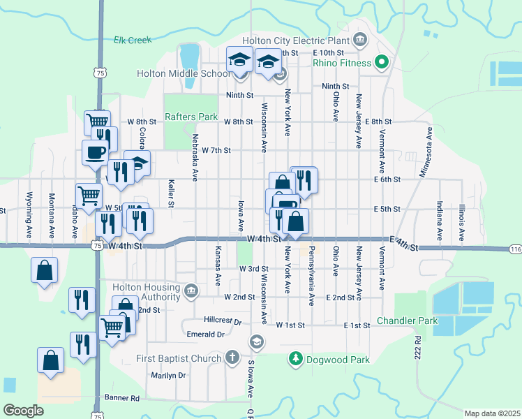 map of restaurants, bars, coffee shops, grocery stores, and more near 315 West 5th Street in Holton