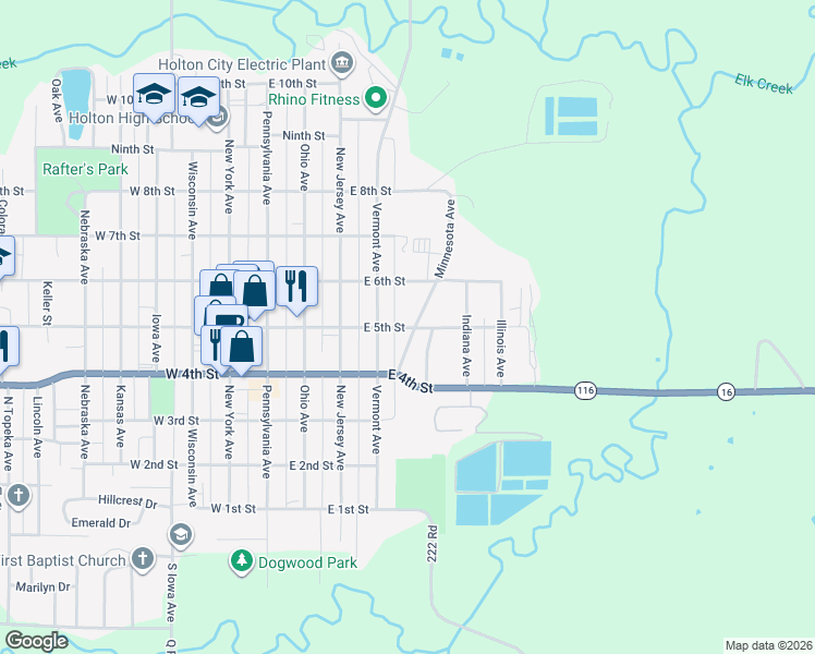 map of restaurants, bars, coffee shops, grocery stores, and more near East 5th Street in Holton