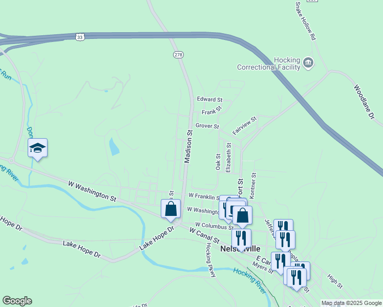 map of restaurants, bars, coffee shops, grocery stores, and more near 318 Madison Street in Nelsonville