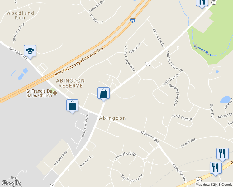 map of restaurants, bars, coffee shops, grocery stores, and more near 1327 Hidden Brook Court in Abingdon