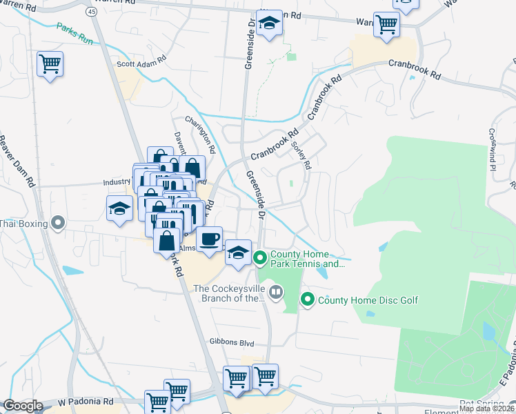 map of restaurants, bars, coffee shops, grocery stores, and more near 226 Duke of York Lane in Cockeysville