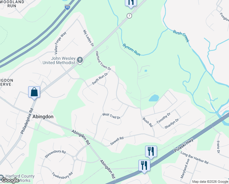 map of restaurants, bars, coffee shops, grocery stores, and more near 1144 Harford Town Drive in Abingdon