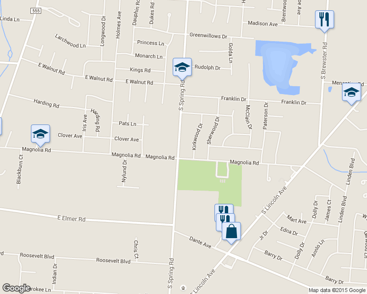 map of restaurants, bars, coffee shops, grocery stores, and more near 1345 South Spring Road in Vineland