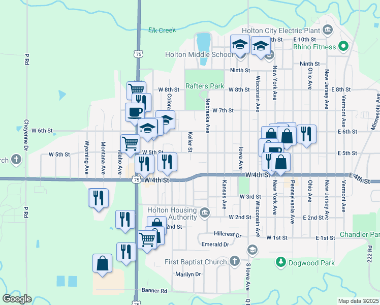 map of restaurants, bars, coffee shops, grocery stores, and more near 501 Keller Street in Holton
