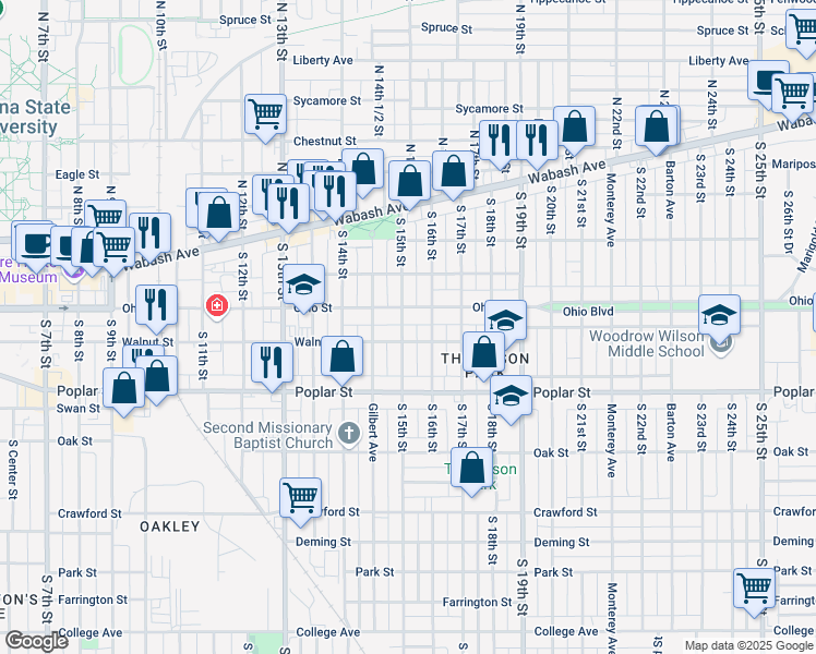 map of restaurants, bars, coffee shops, grocery stores, and more near 218 South 15th Street in Terre Haute