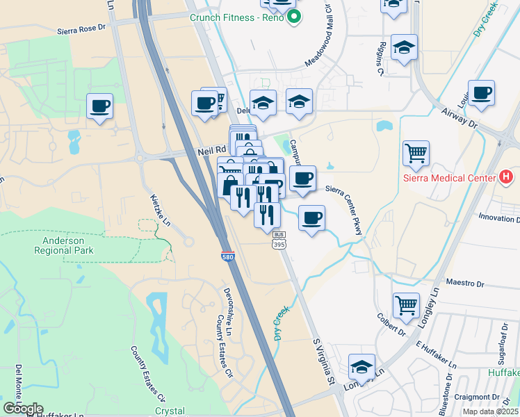 map of restaurants, bars, coffee shops, grocery stores, and more near 6745 Carson-Reno Highway in Reno